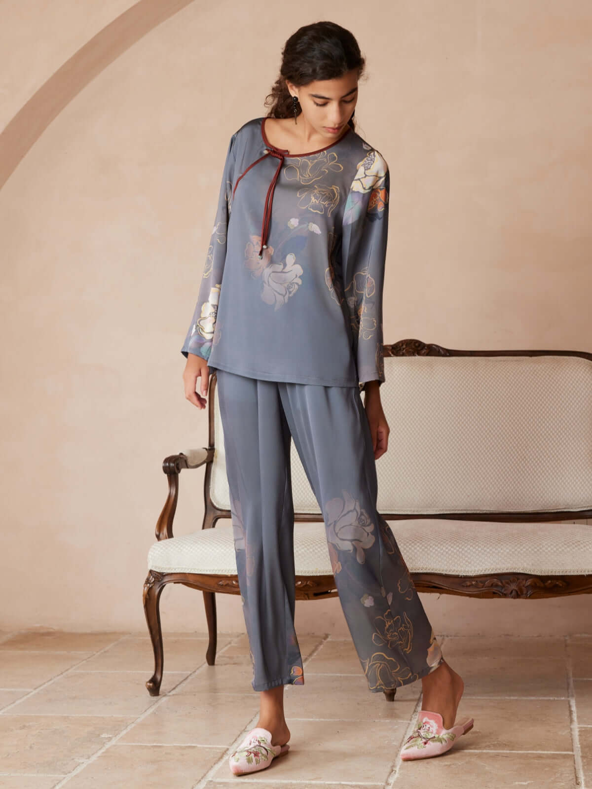 Ulivary Asian Vintage Floral Peony Pajama Set 2Pcs