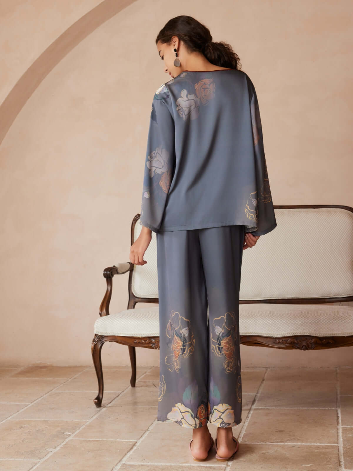Ulivary Asian Vintage Floral Peony Pajama Set 2Pcs