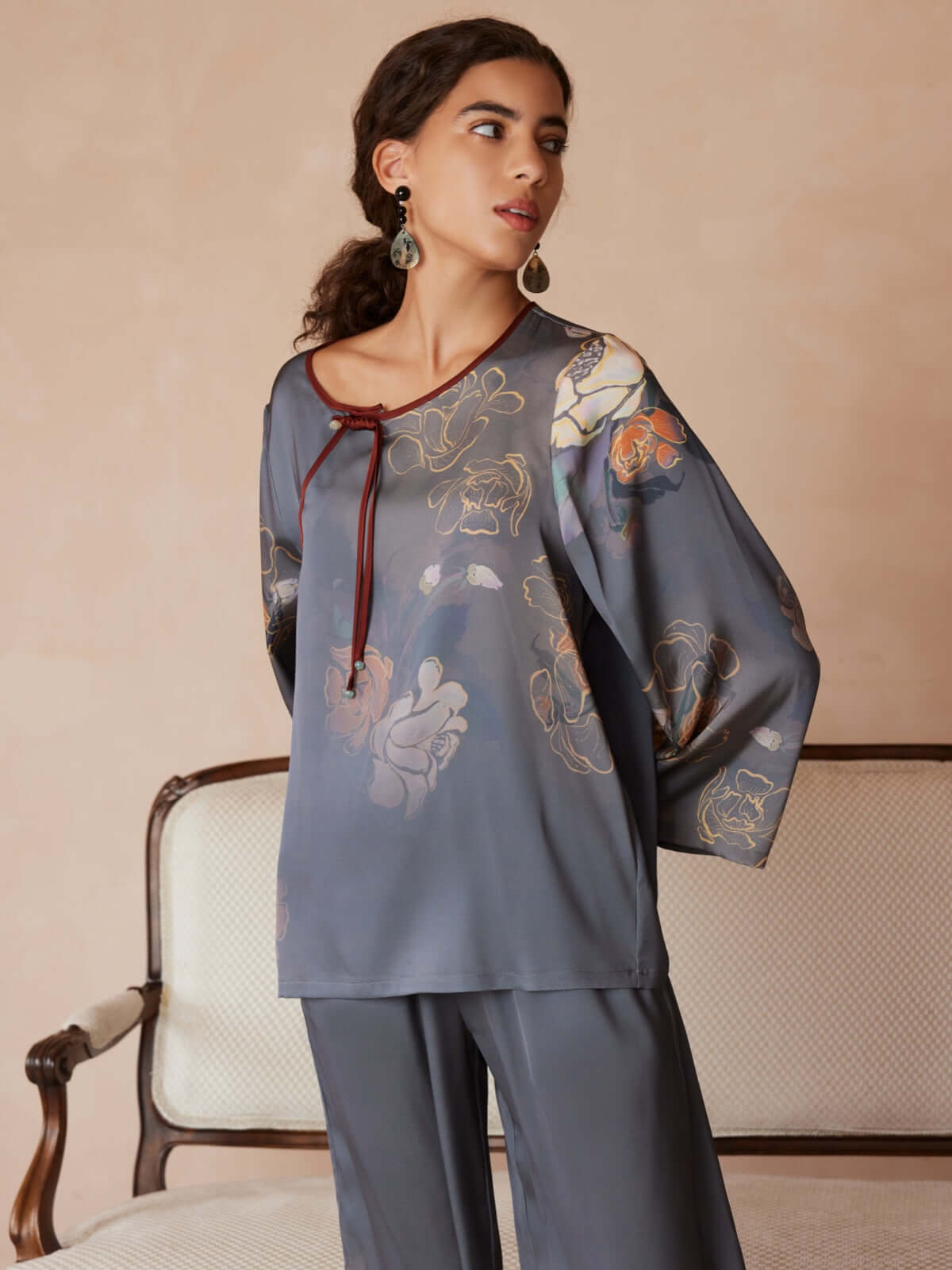 Ulivary Asian Vintage Floral Peony Pajama Set 2Pcs