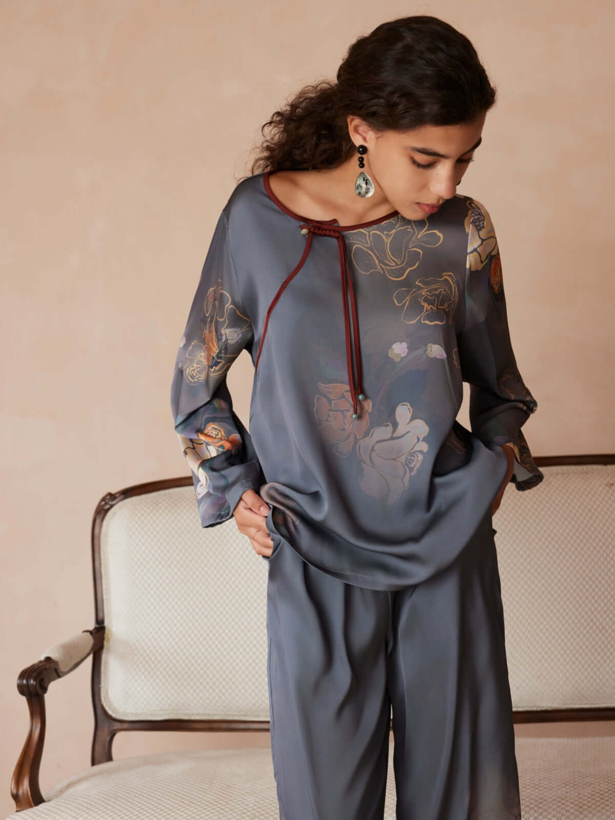 Ulivary Asian Vintage Floral Peony Pajama Set 2Pcs