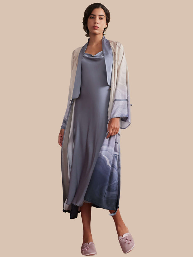 Ulivary Asian Vintage Texture Painting Pajama Set 2Pcs With Robe And Dress