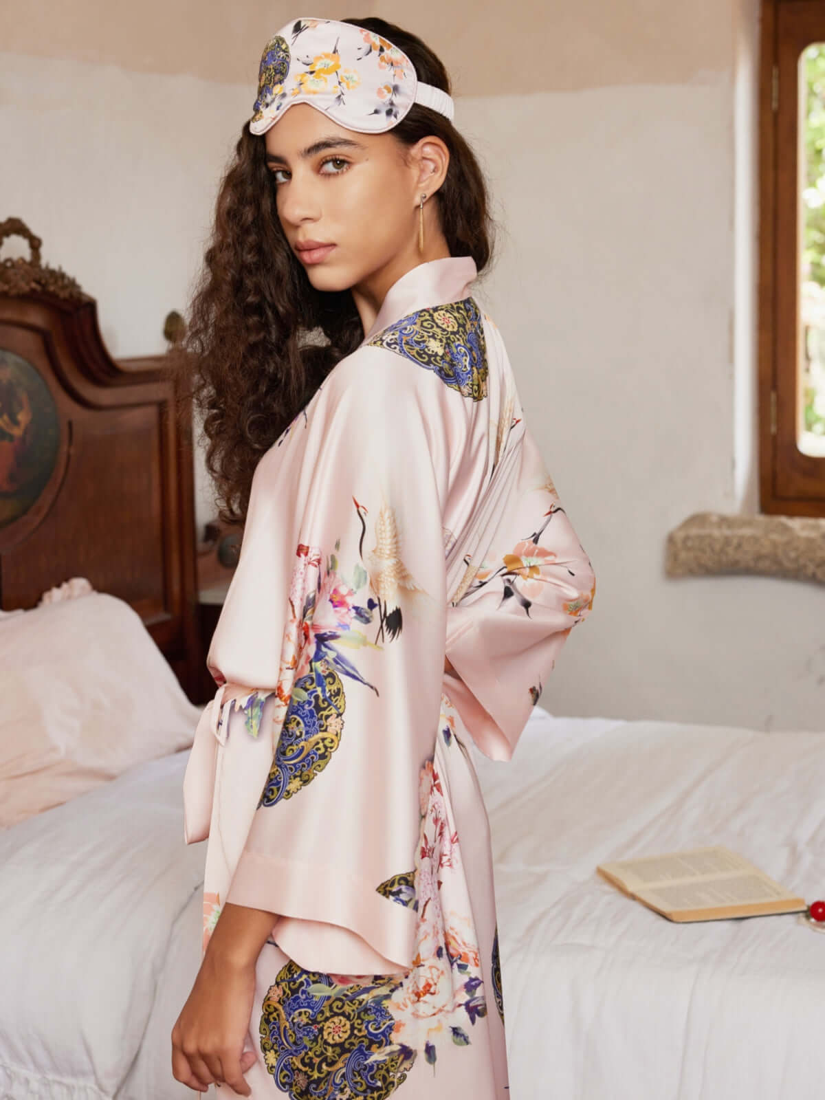 Ulivary Pink Crane Charmeuse Floral Asian Inspired Sleep Mask