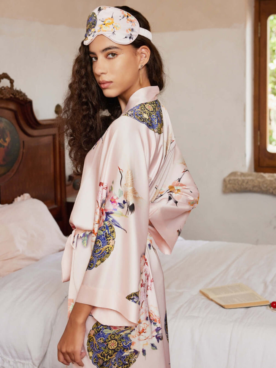 Ulivary Pink Crane Charmeuse Floral Asian Inspired Sleep Mask