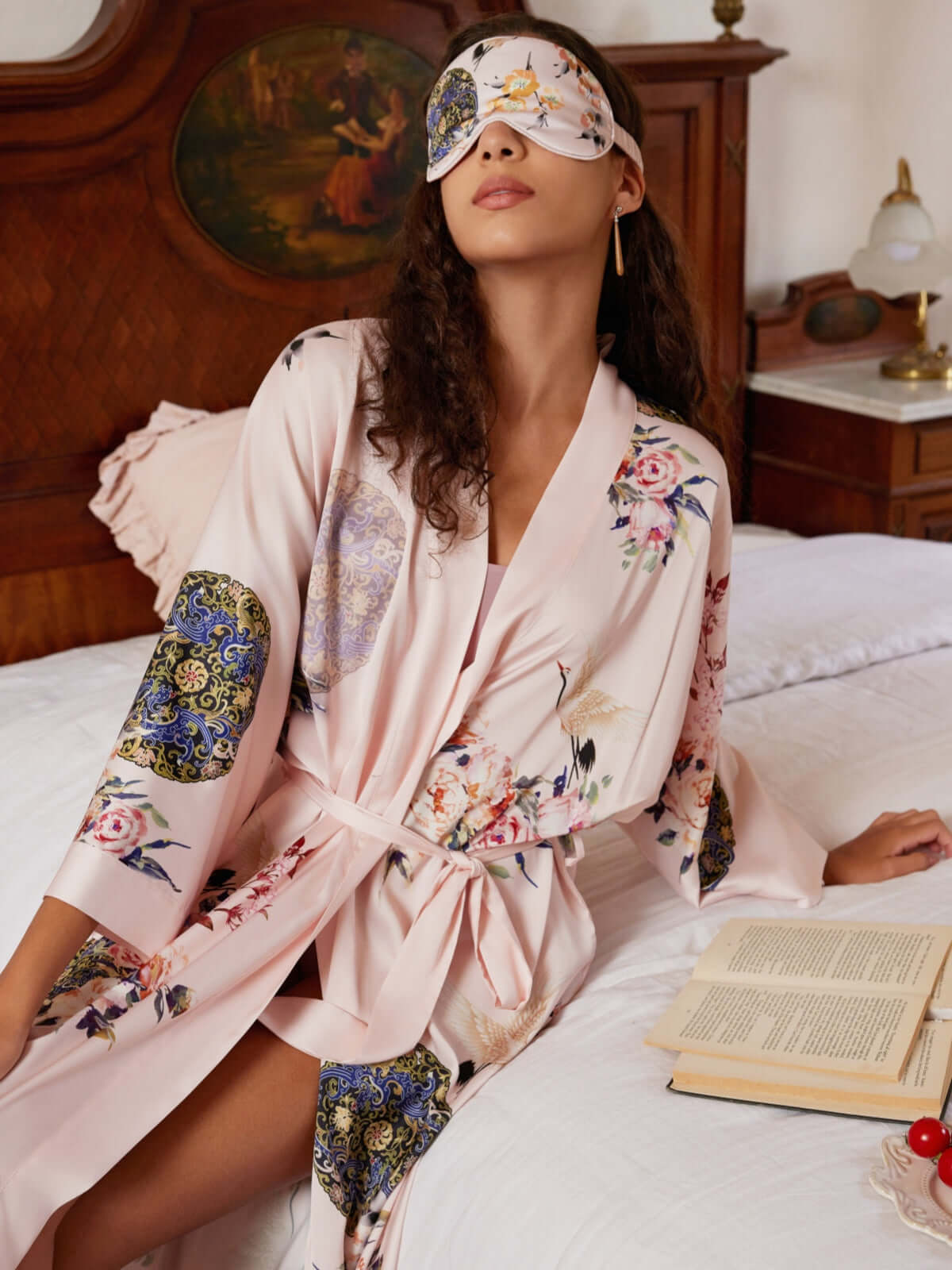 Ulivary Pink Crane Charmeuse Floral Asian Inspired Sleep Mask