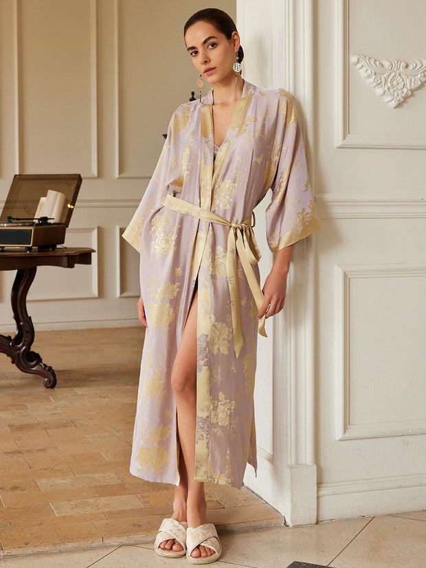 Ulivary Reversible Lavender & Gold Jacquard Kimono Robe