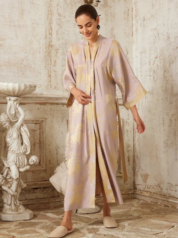 Ulivary Reversible Lavender & Gold Jacquard Kimono Robe