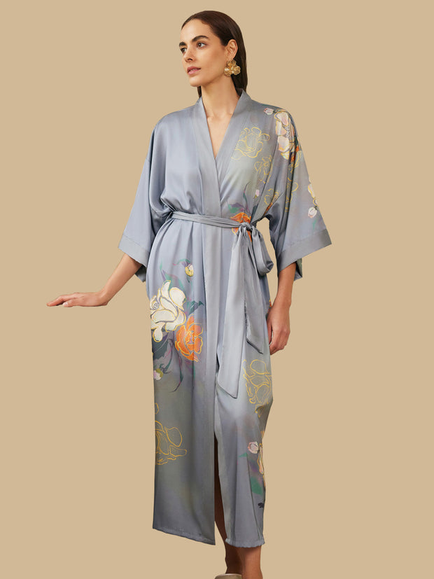 Ulivary Gray Floral Gold-Print Long Kimono Robe