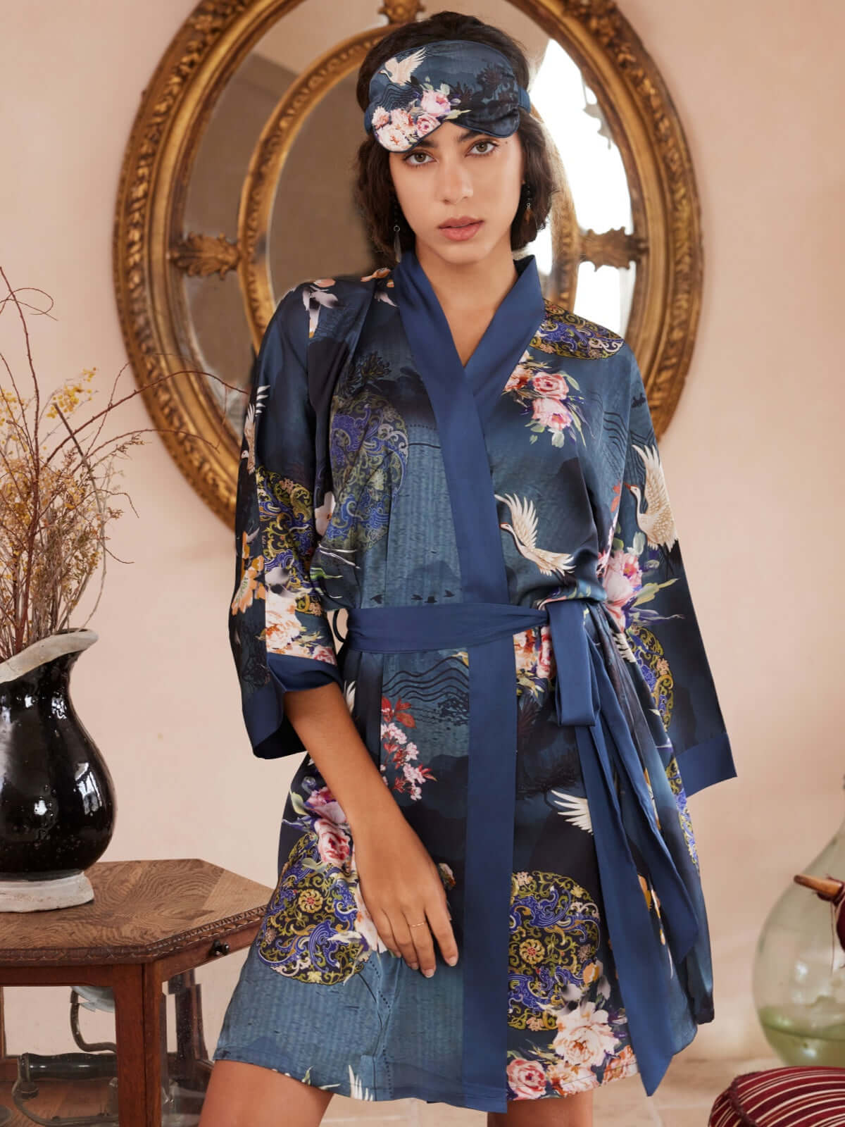 Ulivary Garden Crane Charmeuse Floral Asian Inspired Sleep Mask