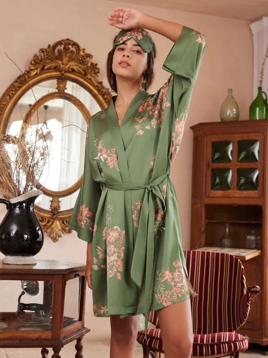 Ulivary Green Charmeuse Floral Asian Inspired Sleep Mask