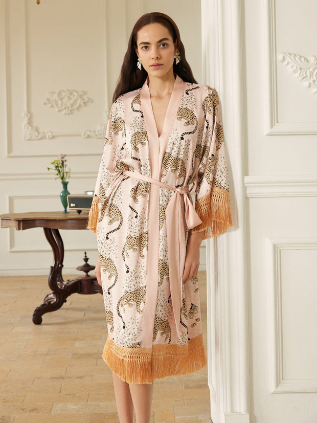 Ulivary Pink Leopard Tassel Kimono Robe