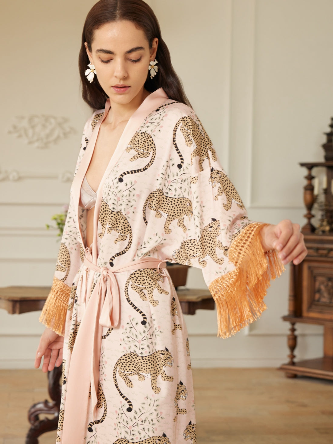 Ulivary Pink Leopard Tassel Kimono Robe