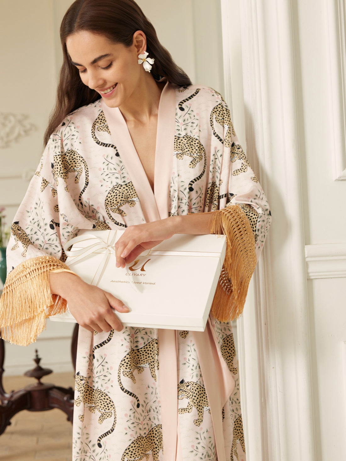 Ulivary Pink Leopard Tassel Kimono Robe