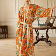 Ulivary Vintage Orange Enamel Camellia Floral Kimono Robe with Pockets