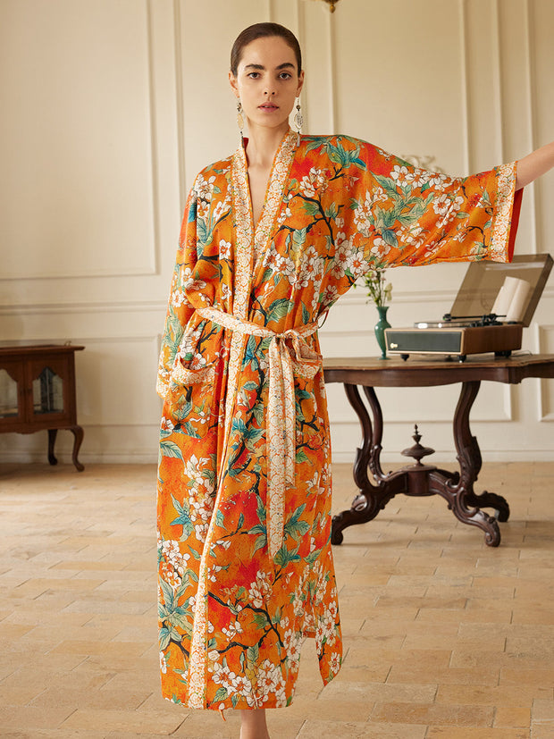 Ulivary Vintage Orange Enamel Camellia Floral Kimono Robe with Pockets