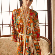 Ulivary Vintage Orange Enamel Camellia Floral Kimono Robe with Pockets