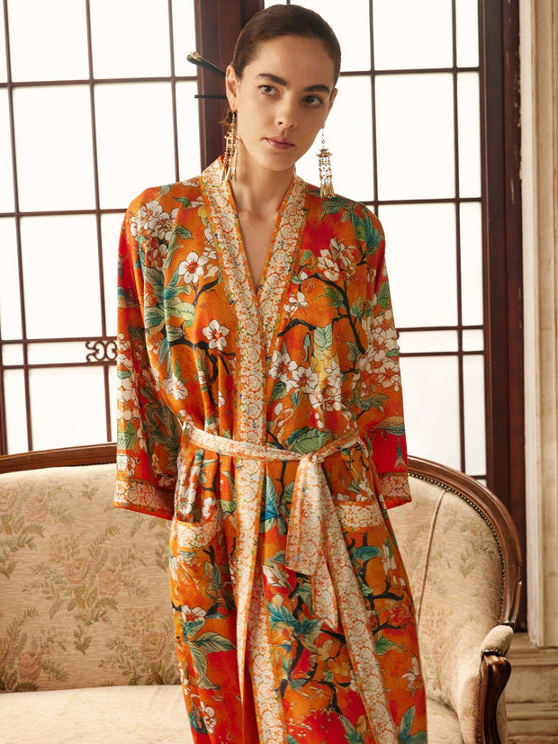 Ulivary Vintage Orange Enamel Camellia Floral Kimono Robe with Pockets