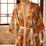 Ulivary Vintage Orange Enamel Camellia Floral Kimono Robe with Pockets