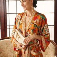 Ulivary Vintage Orange Enamel Camellia Floral Kimono Robe with Pockets