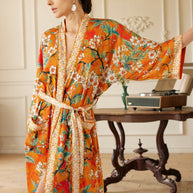 Ulivary Vintage Orange Enamel Camellia Floral Kimono Robe with Pockets