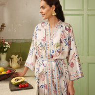 Ulivary Beige Chinoiserie Floral Long Kimono Robe with Pockets