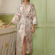 Ulivary Beige Chinoiserie Floral Long Kimono Robe with Pockets