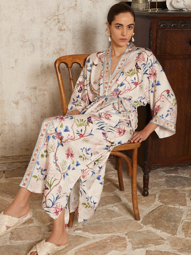 Ulivary Beige Chinoiserie Floral Long Kimono Robe with Pockets