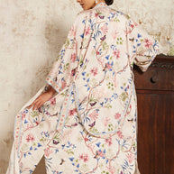 Ulivary Beige Chinoiserie Floral Long Kimono Robe with Pockets