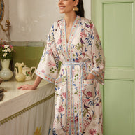 Ulivary Beige Chinoiserie Floral Long Kimono Robe with Pockets