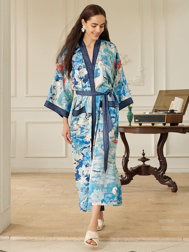 Ulivary Graceful Lotus & Crane Kimono Robe With Pockets