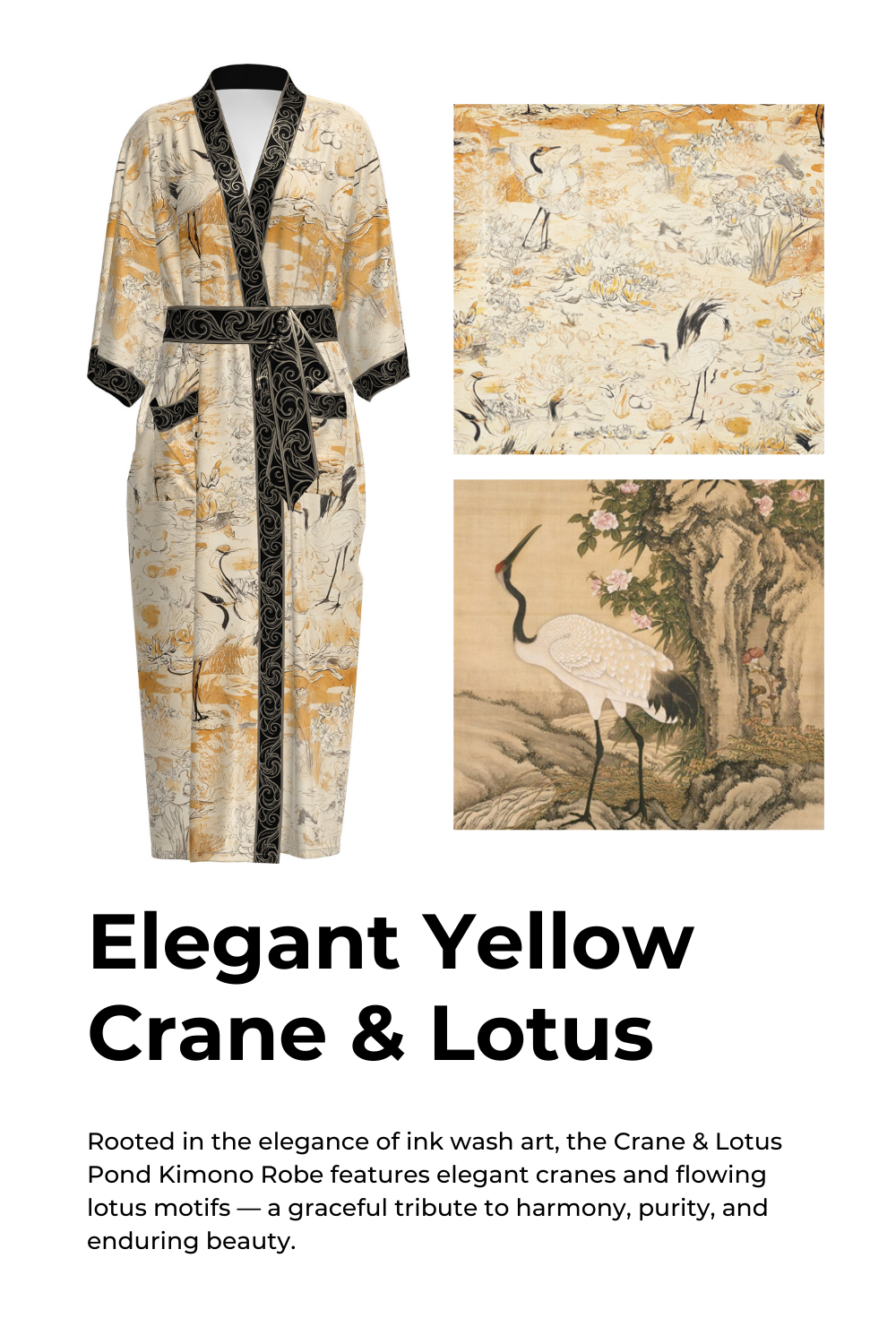 Ulivary Elegant Yellow Crane & Lotus Kimono Robe With Pockets