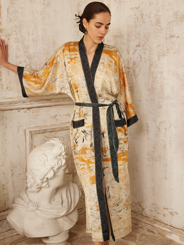 Ulivary Elegant Yellow Crane & Lotus Kimono Robe With Pockets