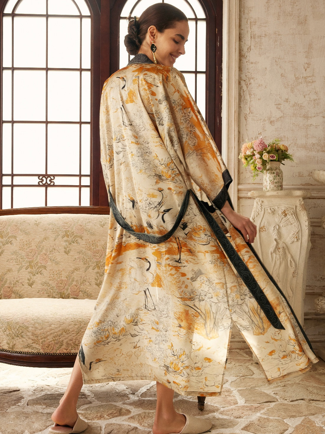 Ulivary Elegant Yellow Crane & Lotus Kimono Robe With Pockets