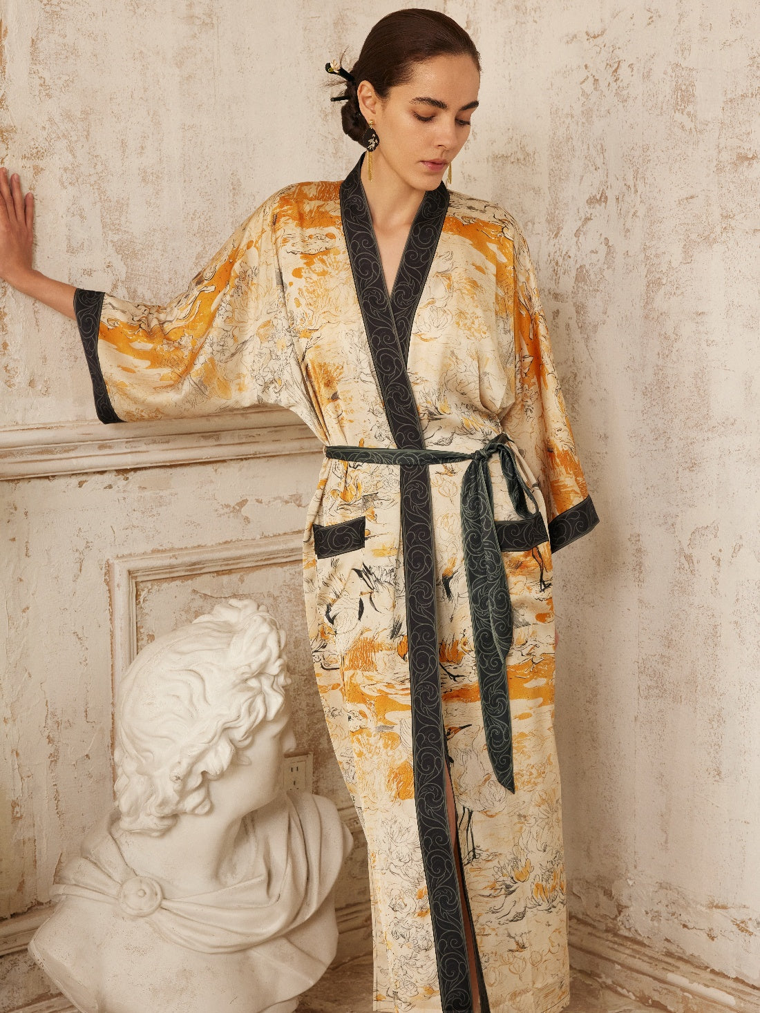 Ulivary Elegant Yellow Crane & Lotus Kimono Robe With Pockets