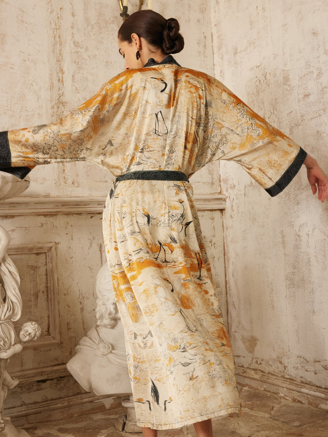 Ulivary Elegant Yellow Crane & Lotus Kimono Robe With Pockets