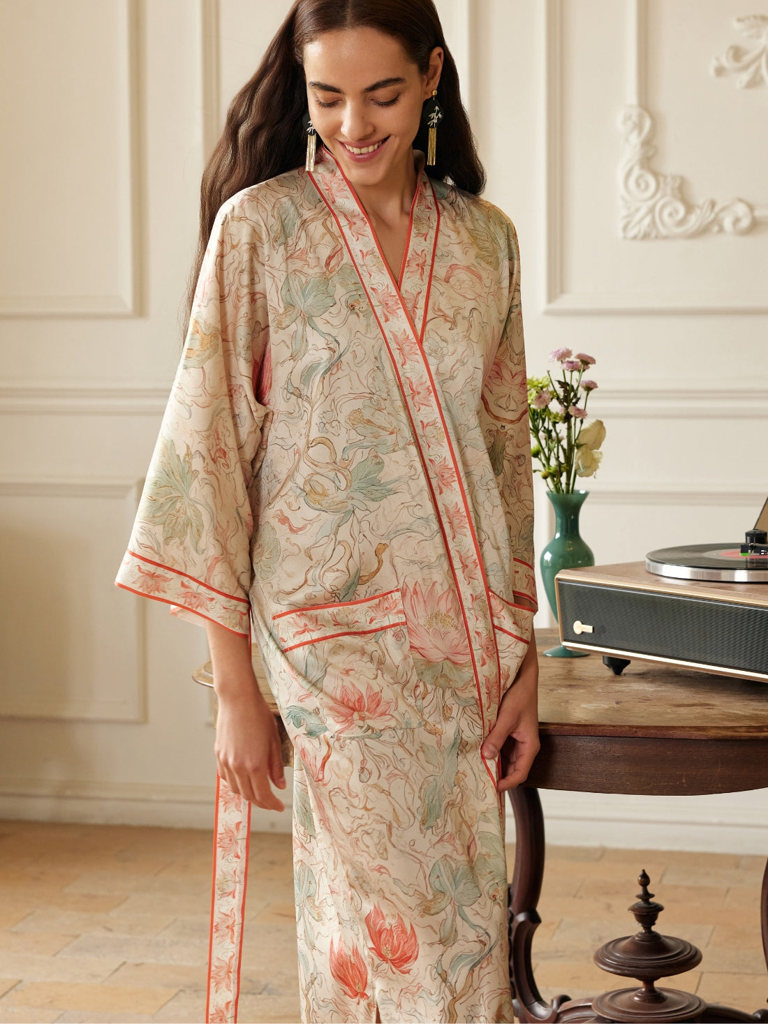 Ulivary Dunhuang Celestial Herb Long Kimono Robe with Pocket