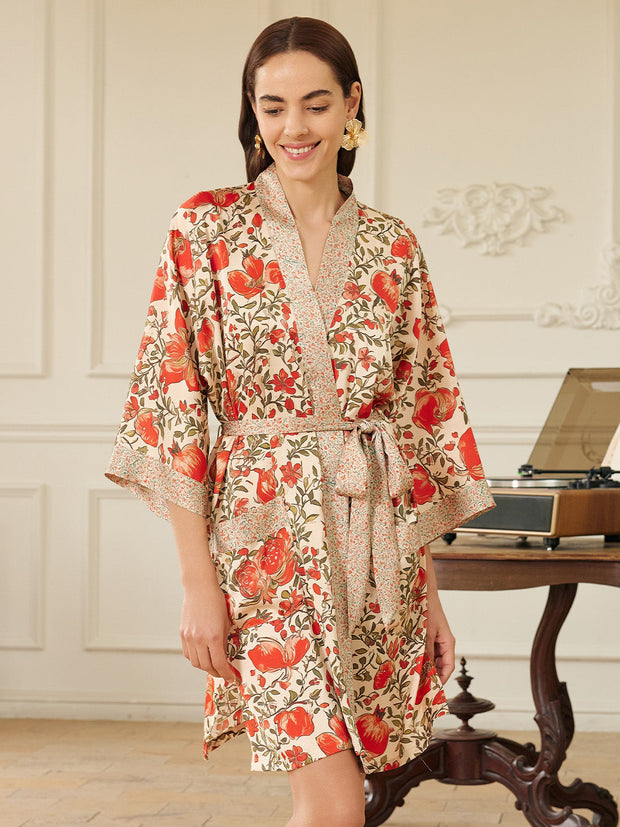 Ulivary Pomegranate Garden Short  Robe With Pockets