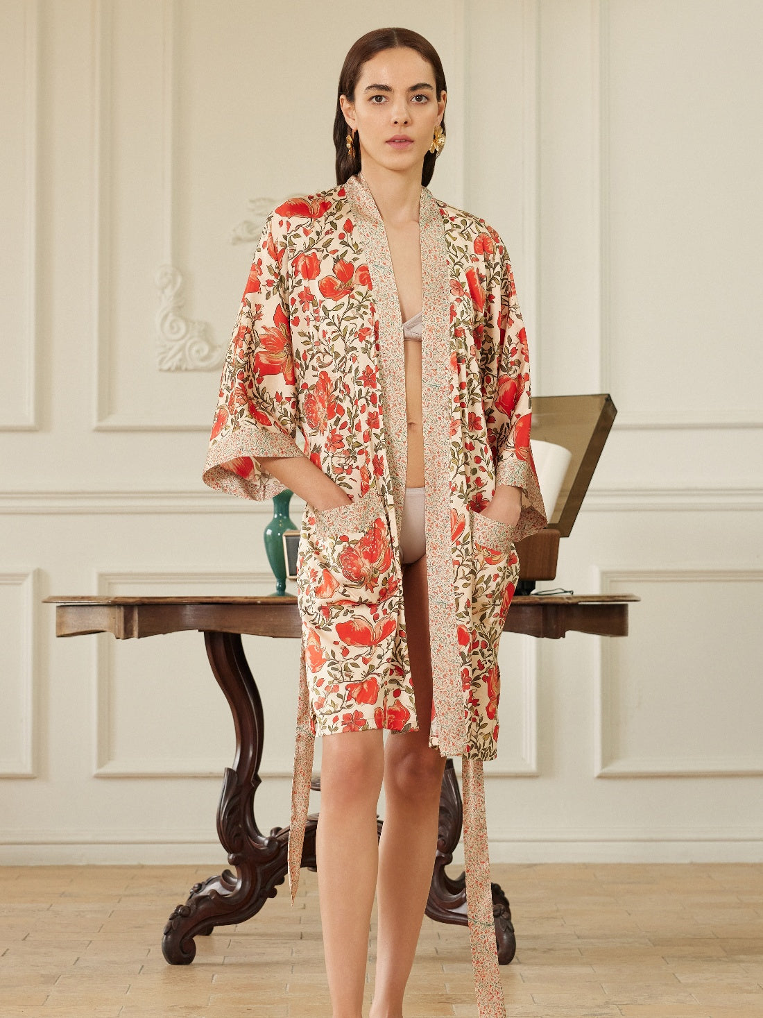 Ulivary Pomegranate Garden Short  Robe With Pockets