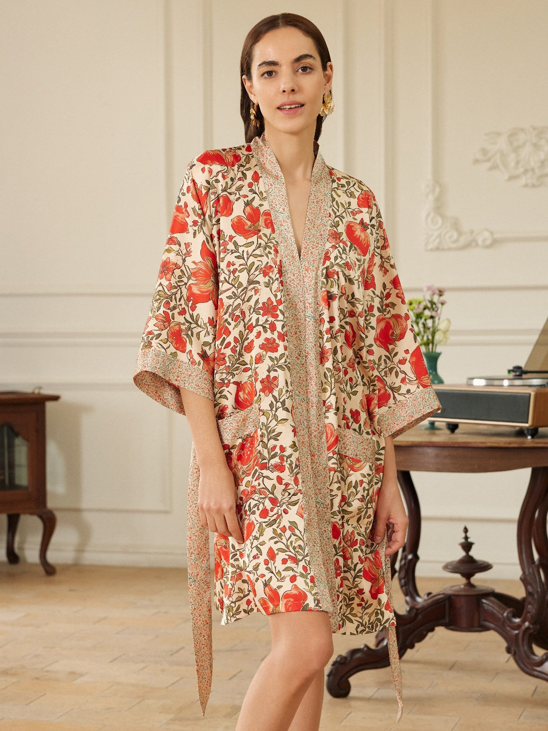 Ulivary Pomegranate Garden Short  Robe With Pockets
