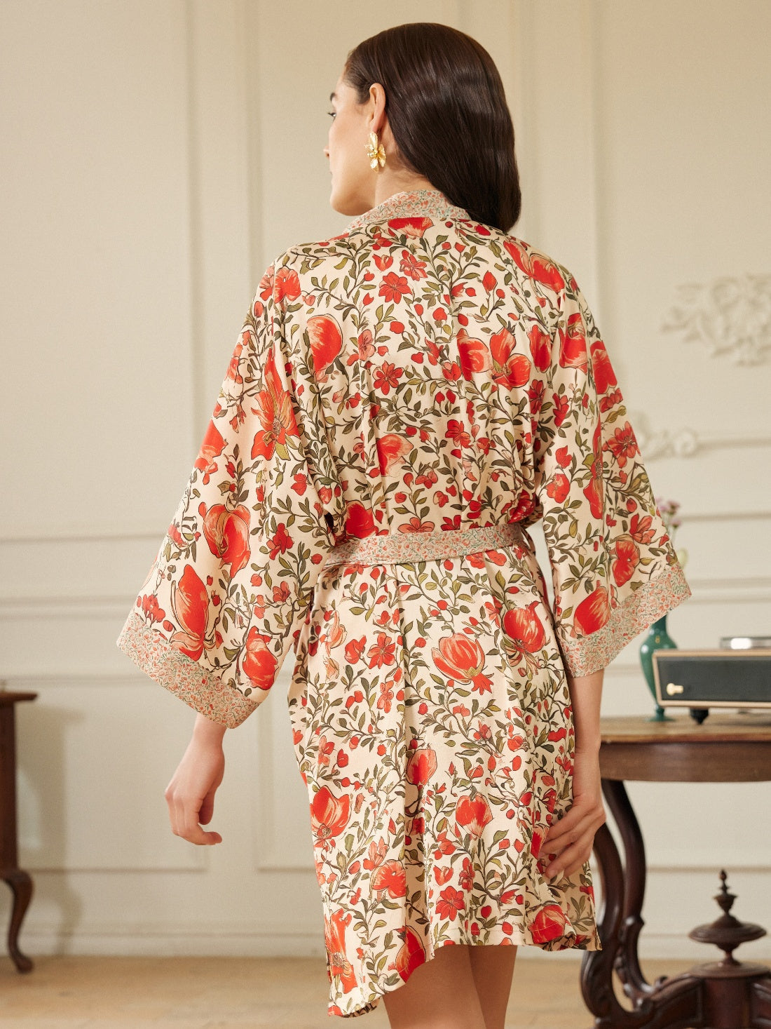 Ulivary Pomegranate Garden Short  Robe With Pockets