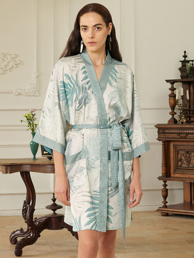 Ulivary Tropical Palm Leaf Short Robe with Pockets