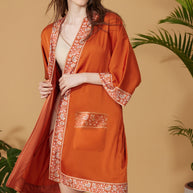 Ulivary Luxuriously Orange Embellished Flower Short Robe With Pockets