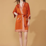 Ulivary Luxuriously Orange Embellished Flower Short Robe With Pockets
