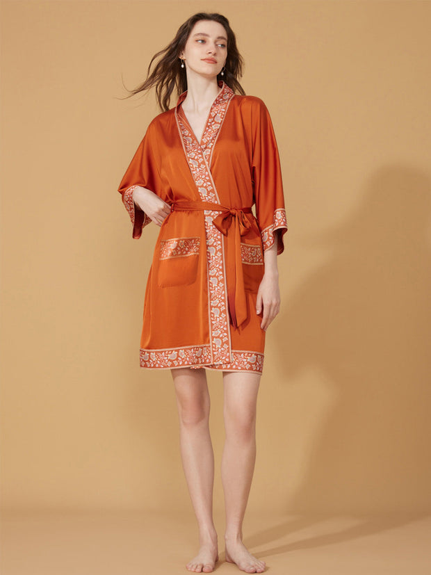 Ulivary Luxuriously Orange Embellished Flower Short Robe With Pockets