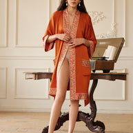 Ulivary Luxuriously Orange Embellished Flower Short Robe With Pockets