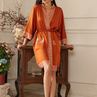 Ulivary Luxuriously Orange Embellished Flower Short Robe With Pockets