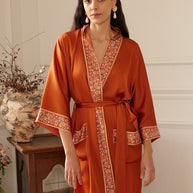 Ulivary Luxuriously Orange Embellished Flower Short Robe With Pockets