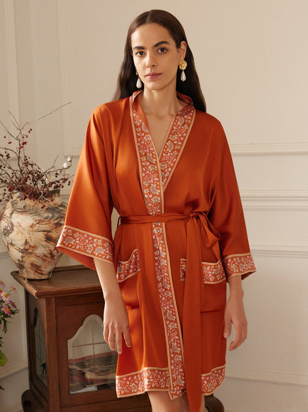 Ulivary Luxuriously Orange Embellished Flower Short Robe With Pockets