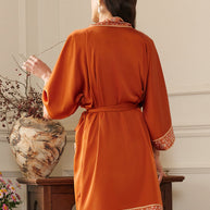 Ulivary Luxuriously Orange Embellished Flower Short Robe With Pockets