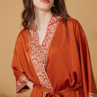 Ulivary Luxuriously Orange Embellished Flower Short Robe With Pockets