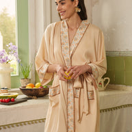 Ulivary Champagne Gold Embellished Flower Short Robe With Pockets